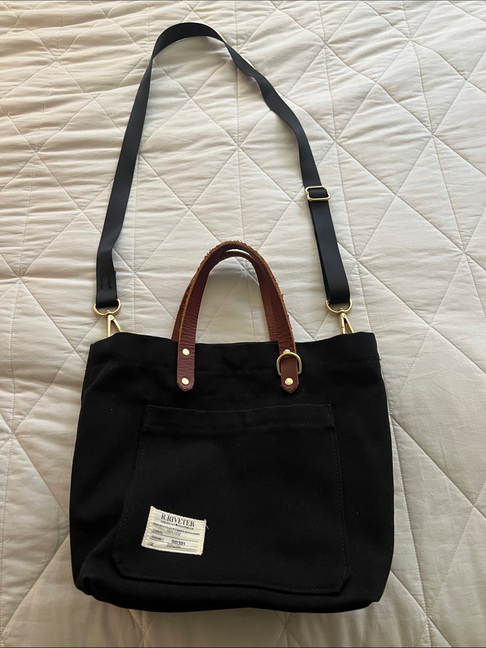 R. RIVETER Black Washed Canvas + Brown Leather Tote Bag EUC